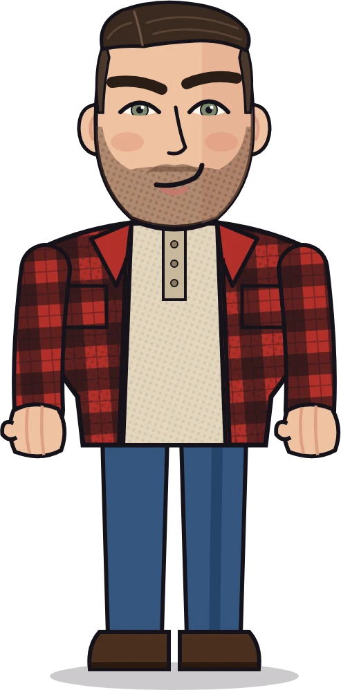 Cartoon Gavin in a red and black flannel