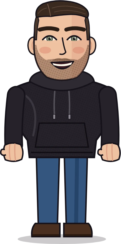 Cartoon Gavin in a black hoodie, grinning like the build passed